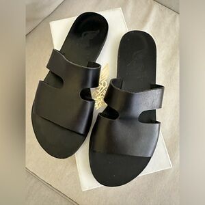 Ancient Greek Sandals - Black Slide Sandals - Minimal Leather Design 7
